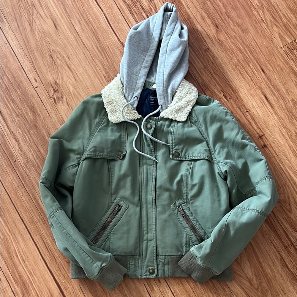 American Eagle Outfitters Green Utility Jacket with Gray Hood